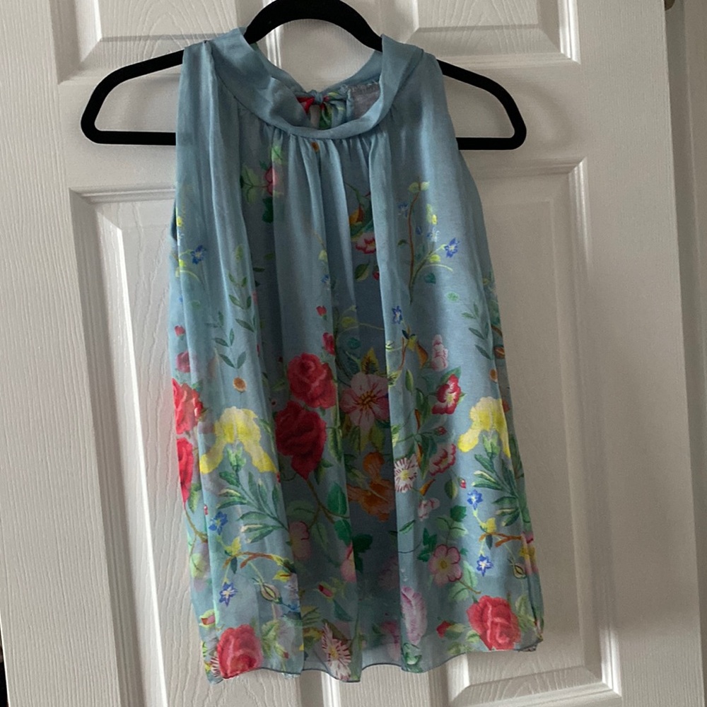 Elena Baldi teal silk blend flower print top with bow tied back sleeveless